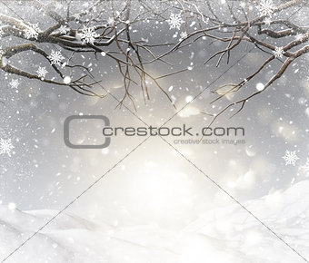 3D Christmas background with snowy tree branches