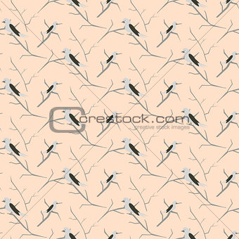 Birds on branches light pink cute pattern seamless vector.