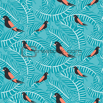 Birds on branches with dense leaves blue pattern seamless vector.