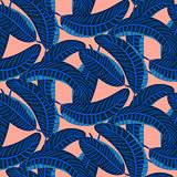 Indigo blue palm leaves dense bold seamless vector pattern.