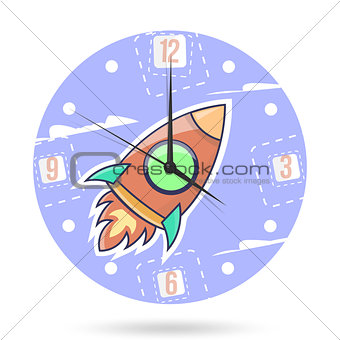 Kids illustration dial plate. Clock face with a rocket isolated on white background.