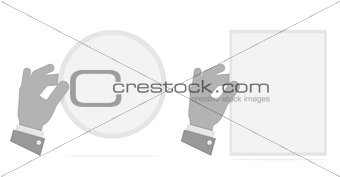 Hand holding a leaf. Black and white vector illustration.