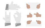 Set of hands in different gestures emotions and signs on white background. Holds an empty Board.