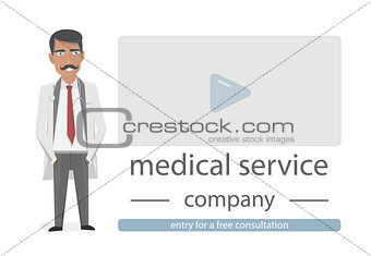 Objects for medical website. The character of the doctor and the presentation of the service or product. Cartoon style.
