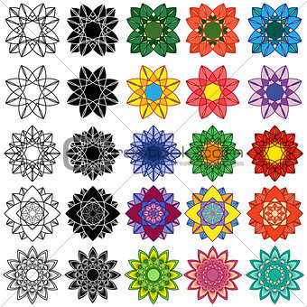 Set of black and colorful stylized flowers