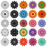 Set of black and color stylized flowers