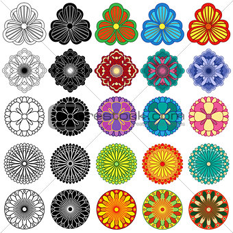 Collection of black and color stylized flowers