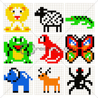 Pixel art animals vector set.