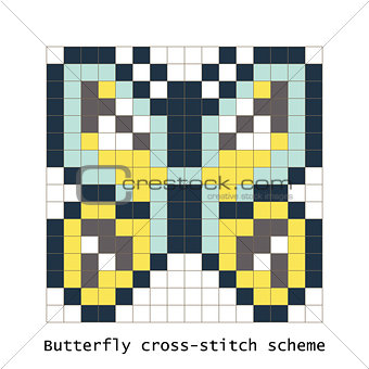 Cross-stitch pixel art butterfly vector set.