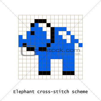 Cross-stitch pixel art elephant vector set.