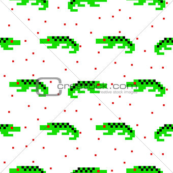 Green crocodile cartoon pixel art seamless pattern.