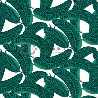 Emerald green palm leaves dense bold seamless vector pattern.
