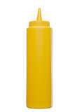 Classic plastic container with mustard on white