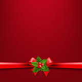 Christmas Ribbon Bow With Holly Berry And Red Background