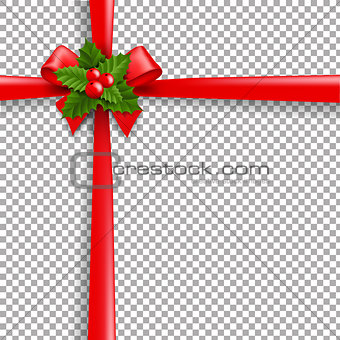 Christmas Ribbon Bow With Holly Berry And Transparent Background
