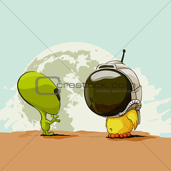 Alien and chicken on the background of the earth