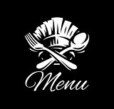 Black vector template with fork, spoon and cap for menu