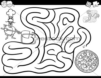 maze game coloring book with chef and pizza