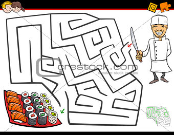 cartoon maze activity with chef and sushi