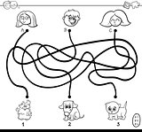 paths maze with kids and pets coloring page