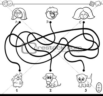 paths maze with kids and pets coloring page