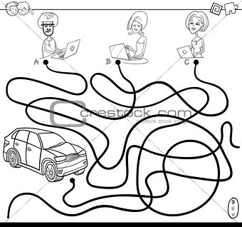 paths maze with people and car coloring book