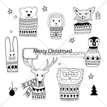 Vector Christmas  Doodle Animals