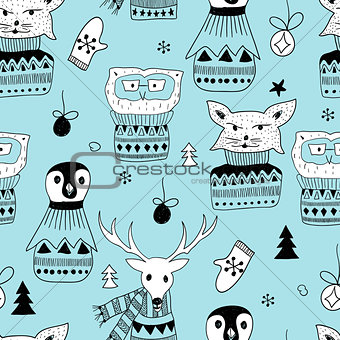 Vector Seamless Pattern with  Doodle Animals