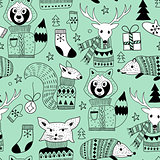 Vector Seamless Christmas Pattern with Doodle Animals in the Woo