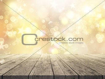 3D wooden table looking out to a defocussed Christmas bokeh ligh