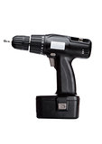 Black cordless drill with battery and drill bit