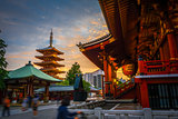 Hondo and pagoda at sunset in Senso-ji temple, Tokyo, Japan