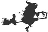 Black silhouette of witch flying on broom