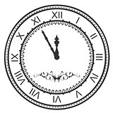Round watch dial at five minutes to midnight. New Year Eve roman numerals
