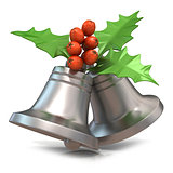 Silver Christmas bells with holly berries, 3D