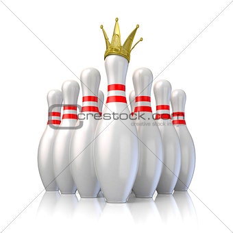 Bowling pins arranged and one with royal crown. 3D