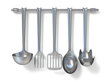 Steel kitchen utensils hanging. 3D
