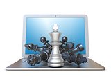 Chess pieces on open laptop front view 3D