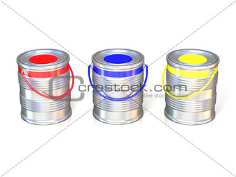 Metal tin cans with basic colors (red, blue and green) paint