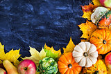 Autumnal colorful pumpkins, apples and fallen leaves  on dark ba