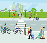 City with pedestrians and cyclists