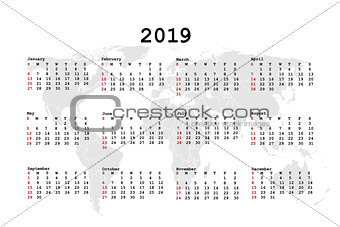2019 Calendar for agenda with world map