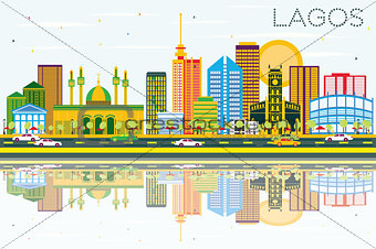 Lagos Skyline with Color Buildings, Blue Sky and Reflections.