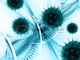 3D medical background with virus cells attacking DNA strand