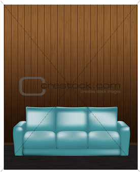 Wooden wall and blue sofa in front - vector illustration