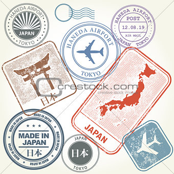 Travel stamps set Japan and Tokyo theme (with inscription Japan 