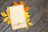 Vintage cards and autumn leaves on old wooden plank.