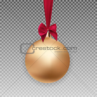 Gold Christmas Ball with Ball and Ribbon on Transparent Background Vector Illustration