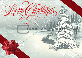 Merry Christmas Greeting with Winter Landscape