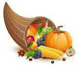 Full cornucopia for Thanksgiving feast day. Rich harvest of pumpkin, apple, corn, grapes, watermelon